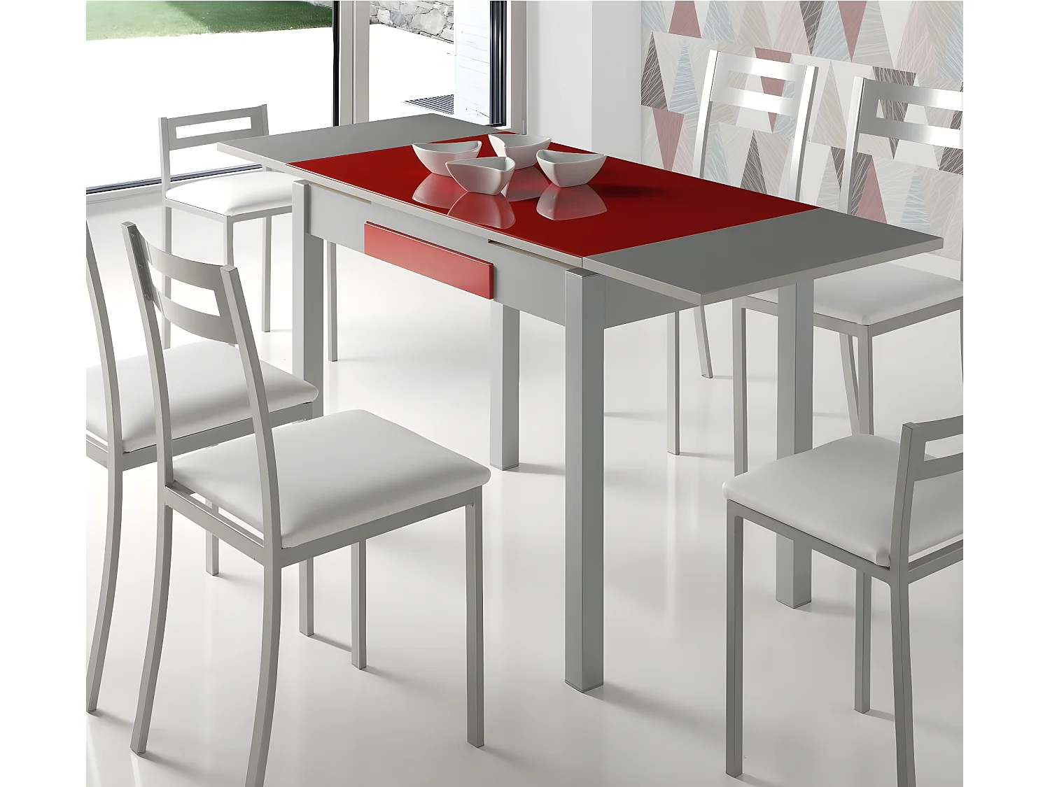 Mesa de cocina extensible - MDF y cristal Rojo, 100/160x60x76 cm - TETRA