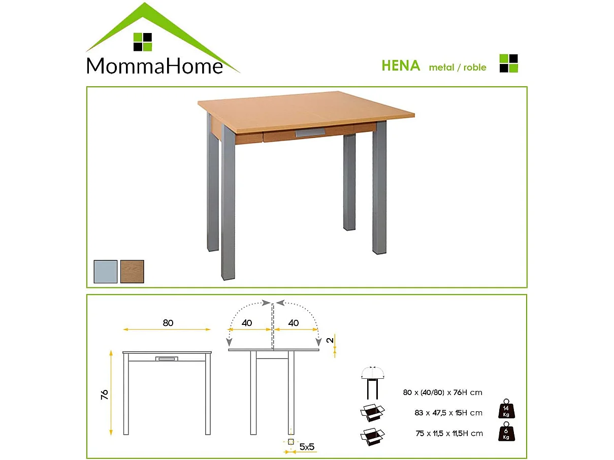 Mesa de cocina extensible - MDF Roble, 80x40/80x76 cm - HENA metal