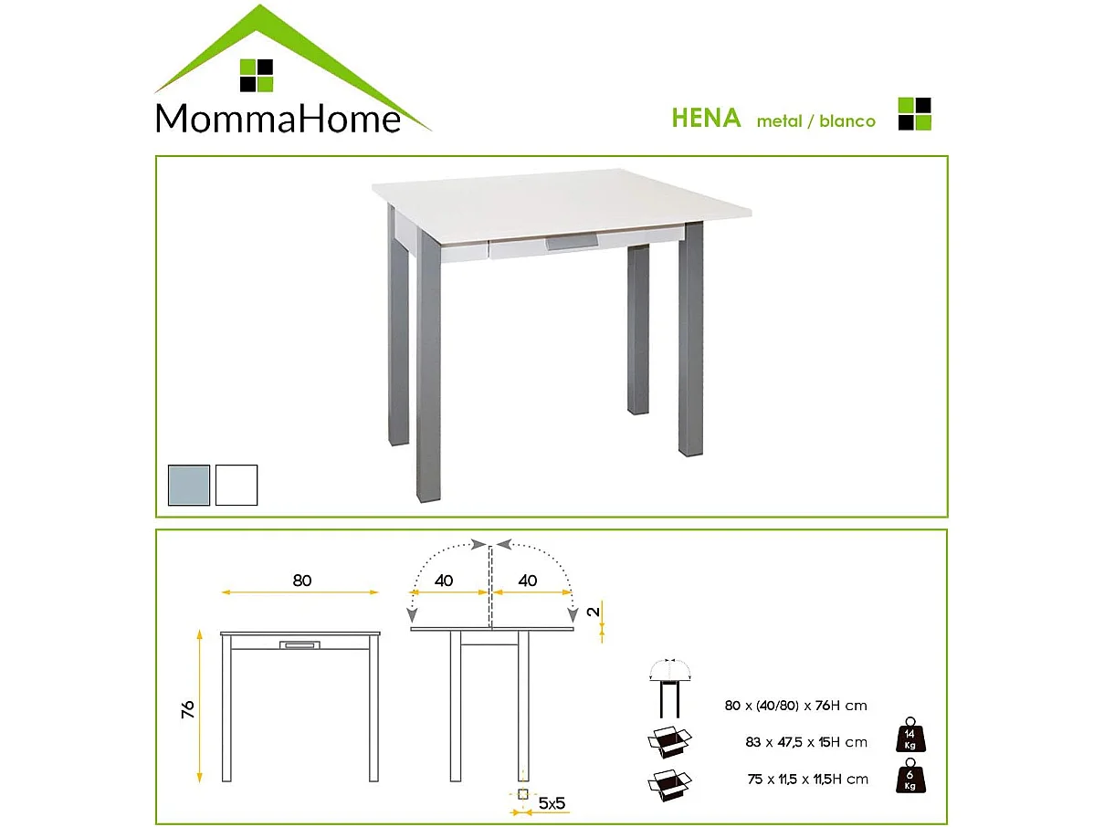 Mesa de cocina extensible - MDF Blanco, 80x40/80x76 cm - HENA metal
