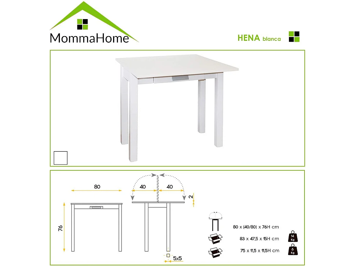 Mesa de cocina extensible - MDF Blanco, 80x40/80x76 cm - HENA