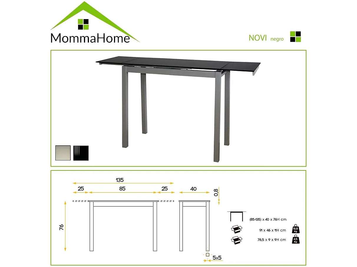 Mesa de cocina extensible -  Cristal Negro, 85/135x40x76 cm - NOVI
