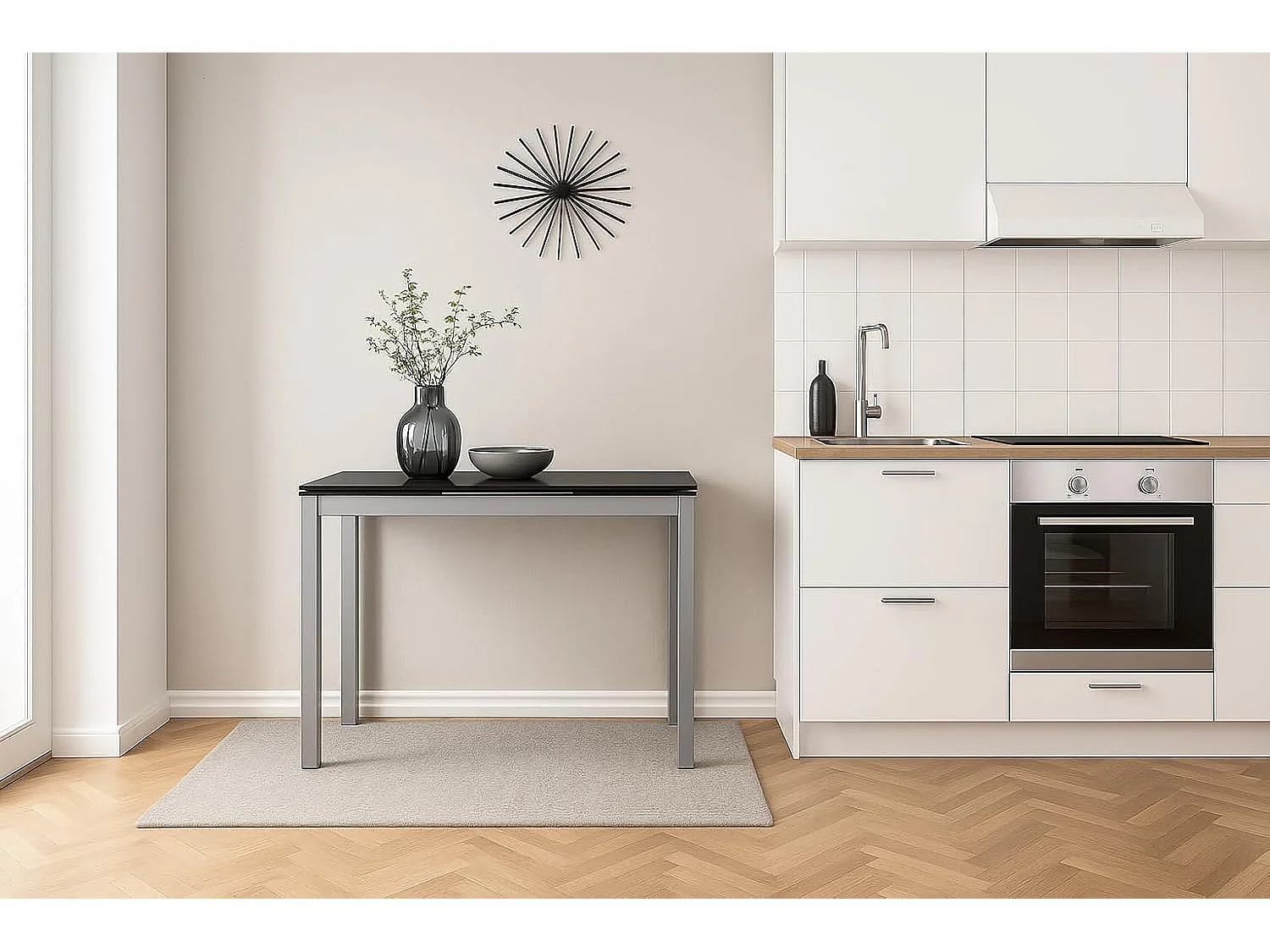 Mesa de cocina extensible -  Cristal Negro, 85/135x40x76 cm - NOVI