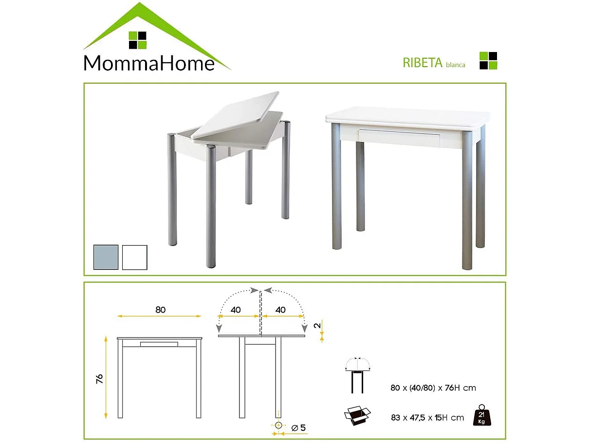 Mesa de cocina extensible - MDF Blanco, 80x40/80x76 cm - RIBETA