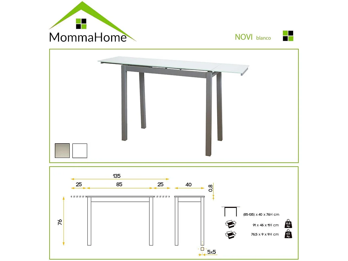 Mesa de cocina extensible -  Cristal Blanco , 85/135x40x76 cm - NOVI