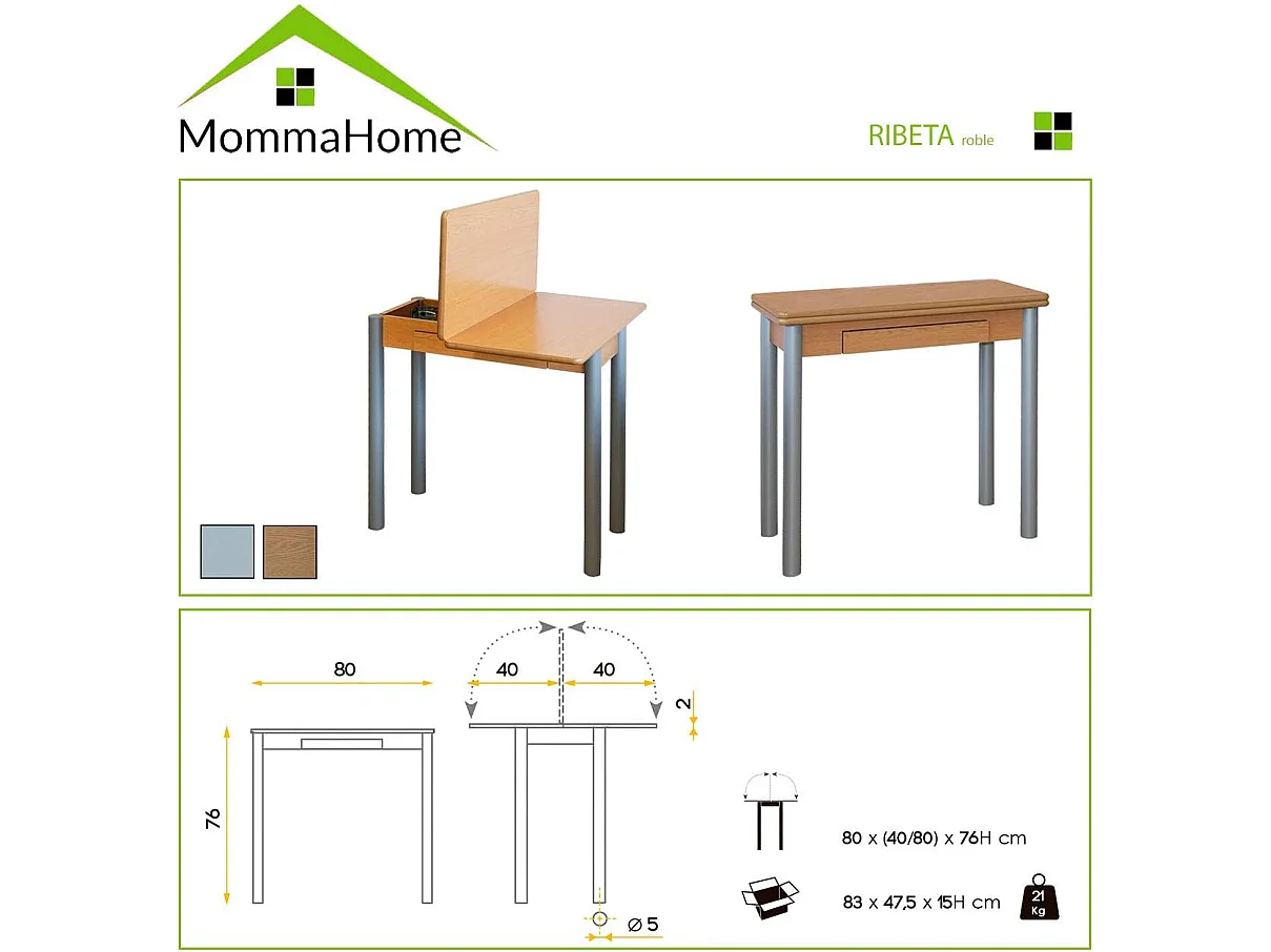 Mesa de cocina extensible - MDF Roble, 80x40/80x76 cm - RIBETA