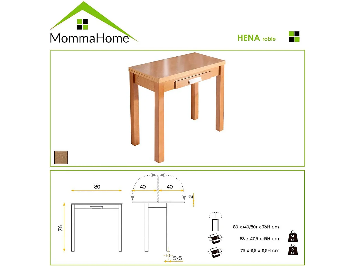Mesa de cocina extensible - MDF Roble, 80x40/80x76 cm - HENA