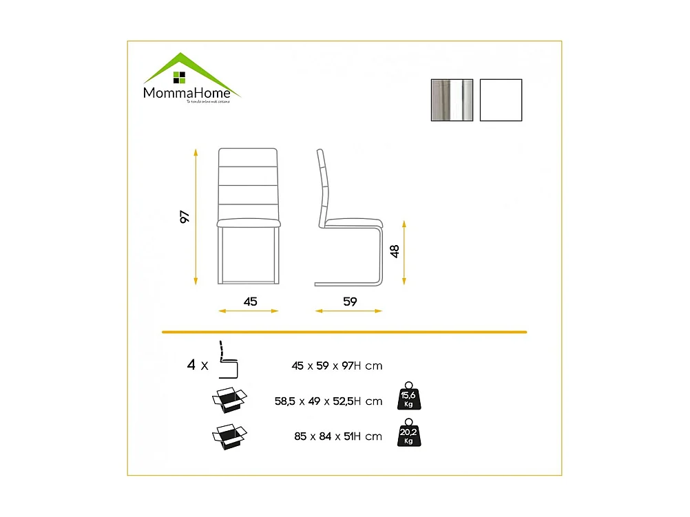 Set de 4 sillas de comedor - Polipiel Blanco, 45x59x97 cm - MILO