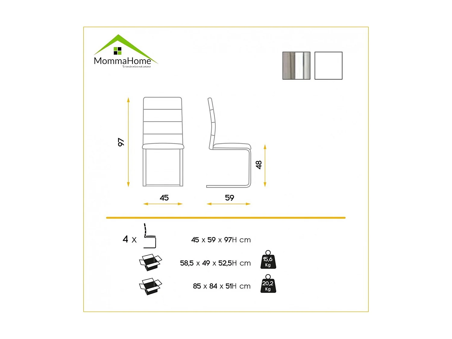 Set de 4 sillas de comedor - Polipiel Blanco, 45x59x97 cm - MILO
