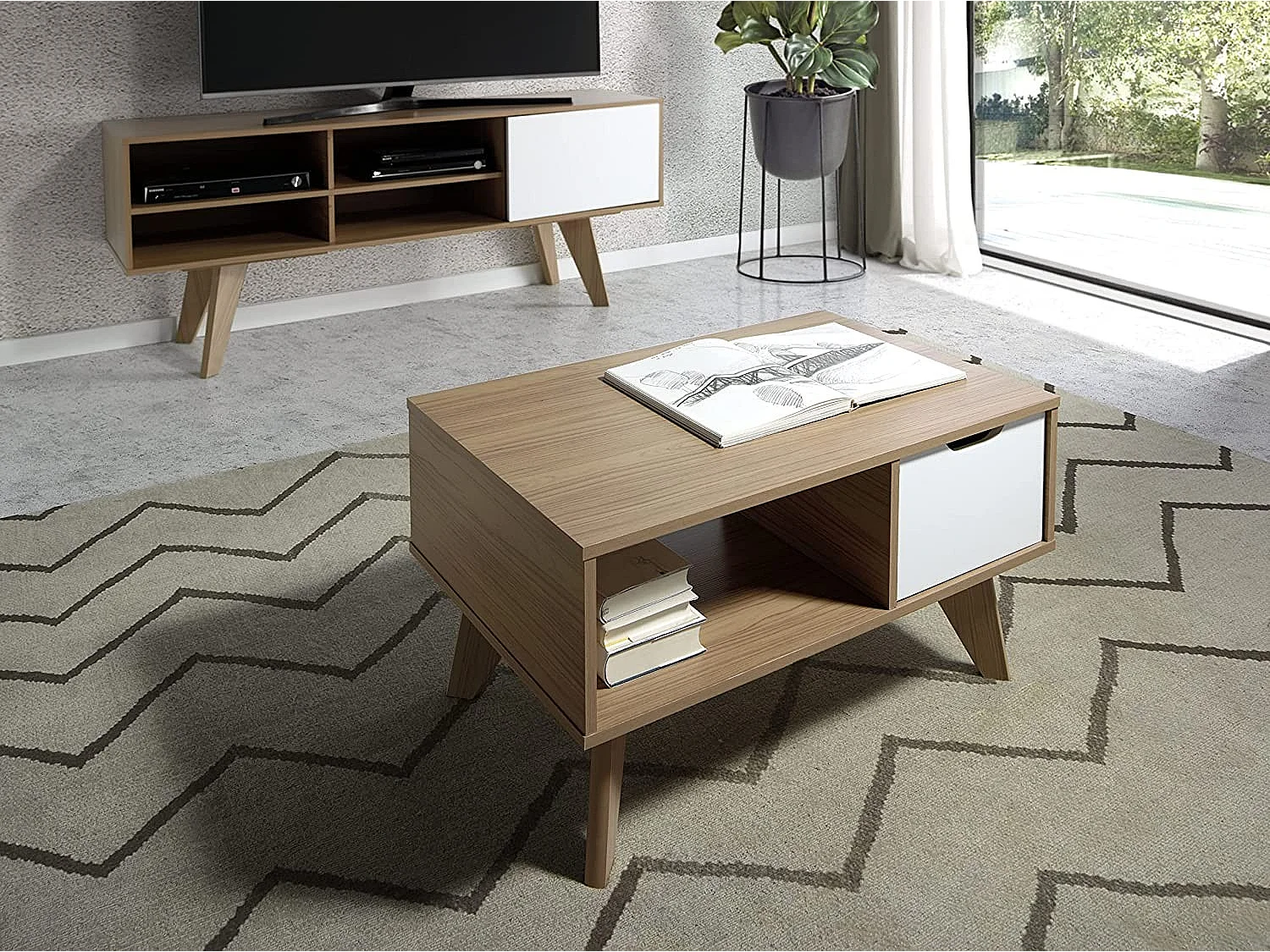 Mesa de centro - MDF MDF Roble y blanco texturizado, 80x50x44 cm - PERVIP