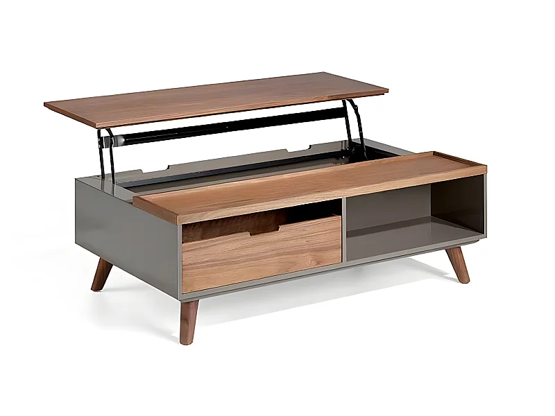 Mesa de centro elevable - MDF y chapa natural de Nogal, 120x75/102x41/61 cm - NERLAND