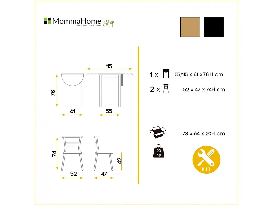 Conjunto de cocina extensible - Mesa y 2 sillas - MDF Roble - LEVA