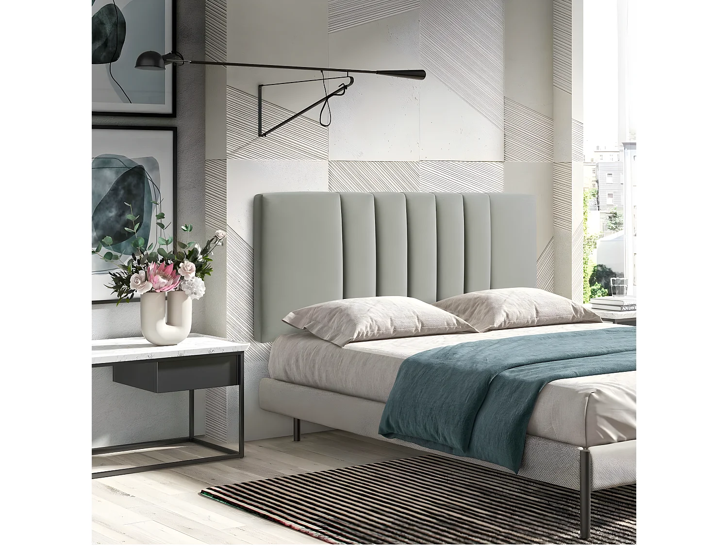 Cabecero de 150 cm con patas - Tela Gris jaspeada, 150x8x60 cm-  LUNA