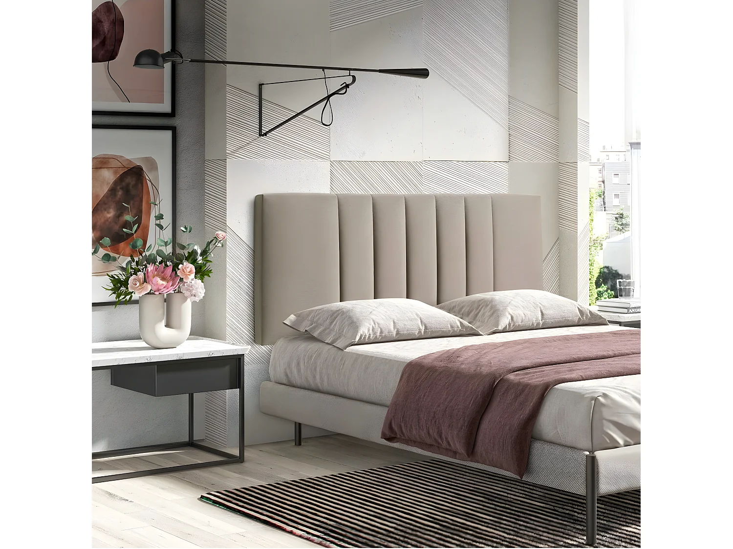 Cabecero de 150 cm con patas - Tela Marrón jaspeada, 150x8x60 cm-  LUNA