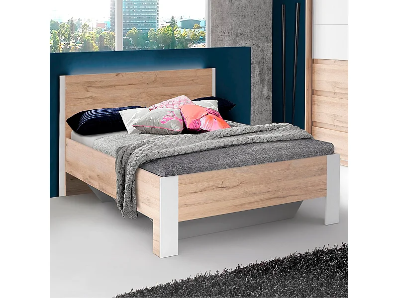 Marco de cama con cabecero - MDF MDF Roble y blanco, para cama de 160x200 cm - LLOC