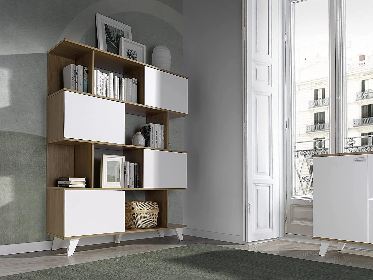 Estantería librería - MDF MDF Roble y blanco texturizado, 120x35x155 cm - QUIATUR