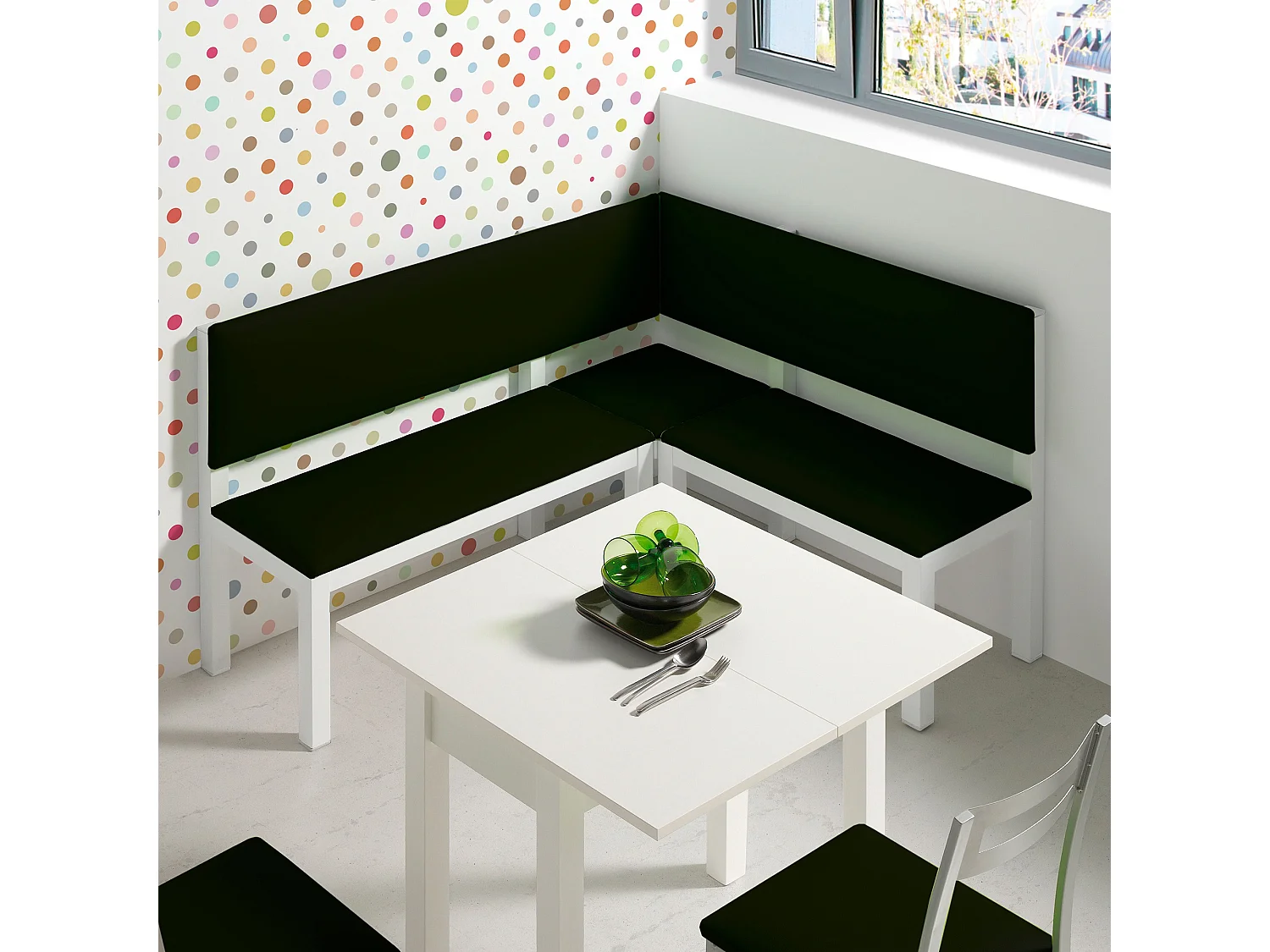 Rinconera de cocina - Metal blanco y Polipiel Negra,  145x125x88 cm - ALFA