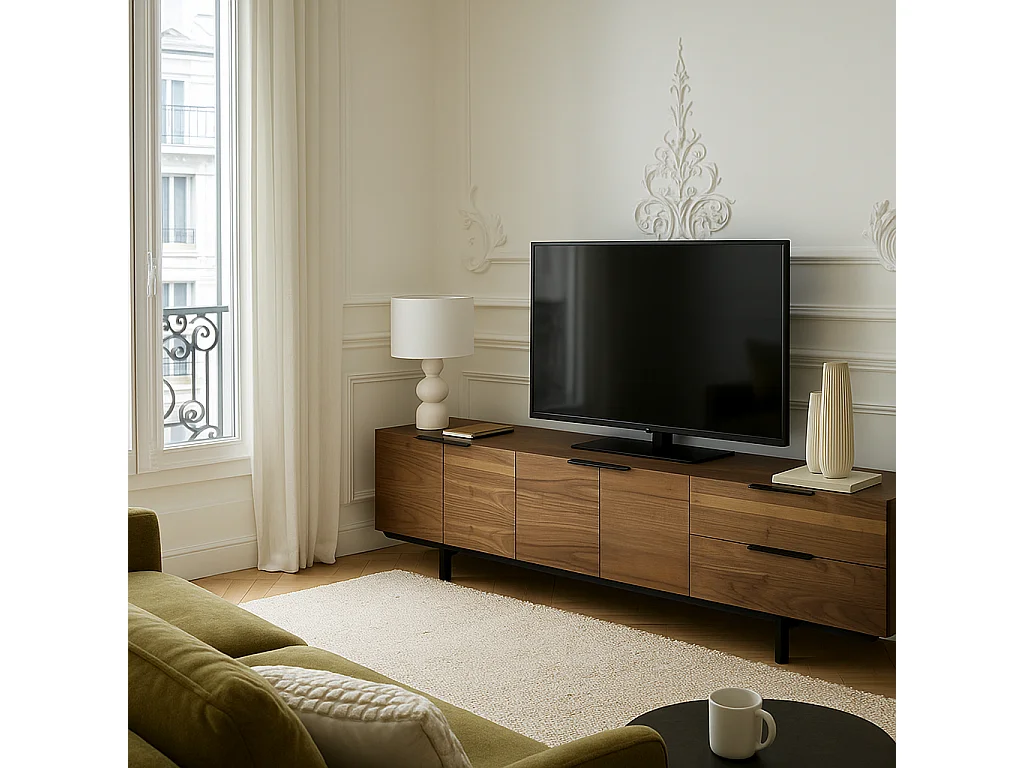 Mueble TV - MDF y chapa natural de MDF y chapa natural de nogal, 220x42x55 cm - RESEC
