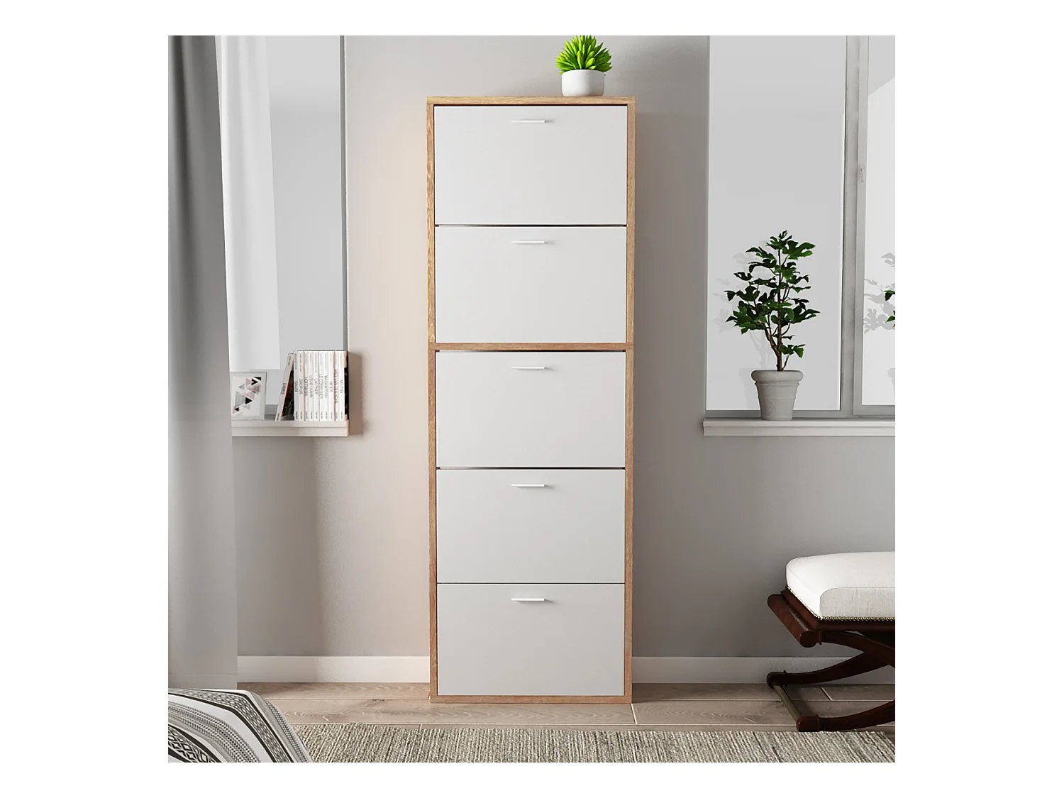 CASABEL Meuble Rangement Chaussure 15 Paires - Pour Entree Couloir - 60x17x180 cm - Blanc Bois Clair