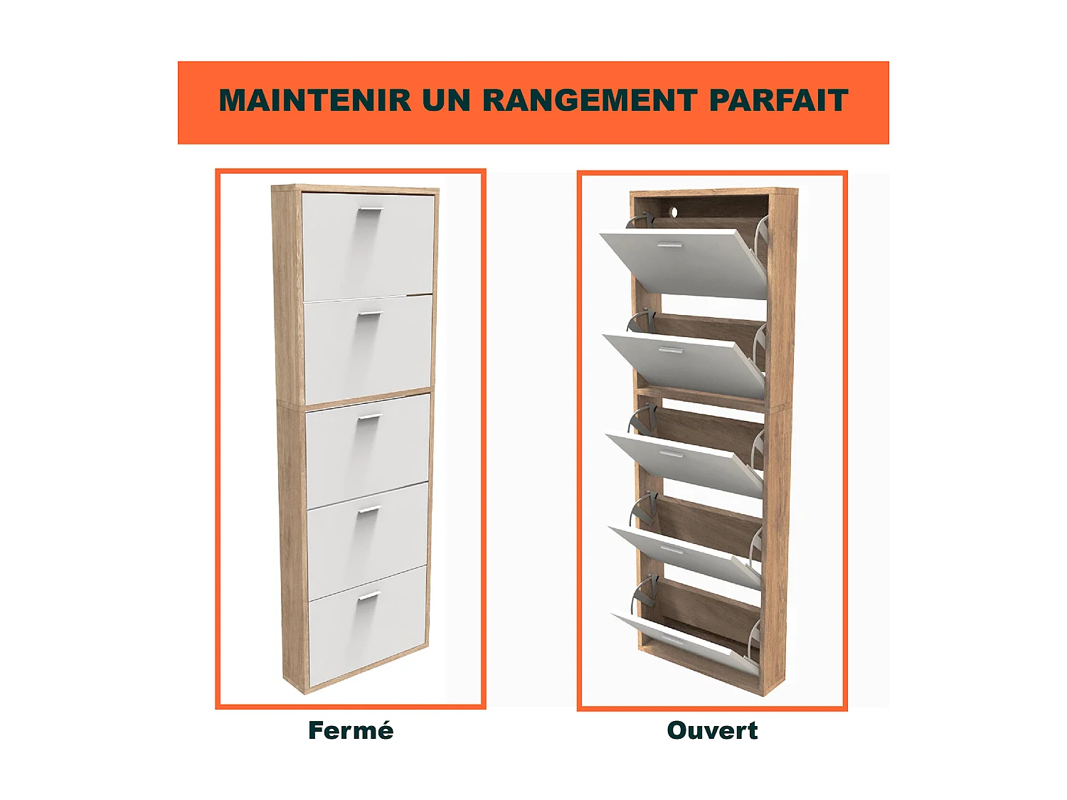 CASABEL Meuble Rangement Chaussure 15 Paires - Pour Entree Couloir - 60x17x180 cm - Blanc Bois Clair