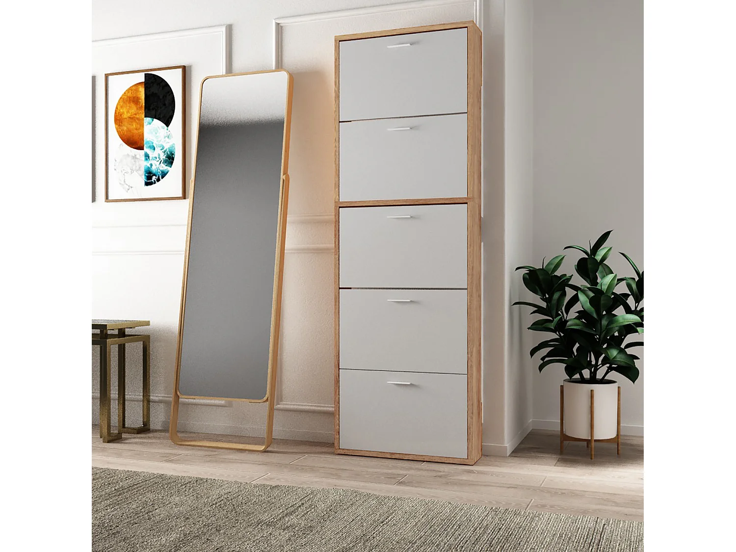 CASABEL Meuble Rangement Chaussure 15 Paires - Pour Entree Couloir - 60x17x180 cm - Blanc Bois Clair