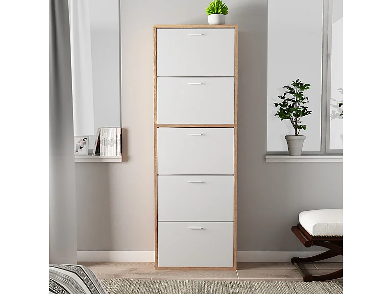 CASABEL Meuble Rangement Chaussure 15 Paires - Pour Entree Couloir - 60x17x180 cm - Blanc Bois Clair