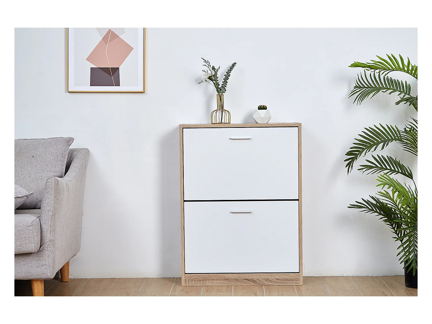 CASABEL Meuble Rangement Chaussure 12 Paires - Pour Entree Couloir - 60x24x80 cm - Blanc Bois Clair