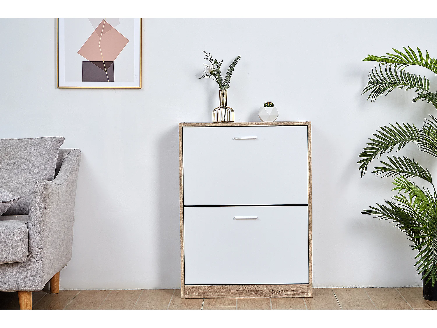 CASABEL Meuble Rangement Chaussure 12 Paires - Pour Entree Couloir - 60x24x80 cm - Blanc Bois Clair