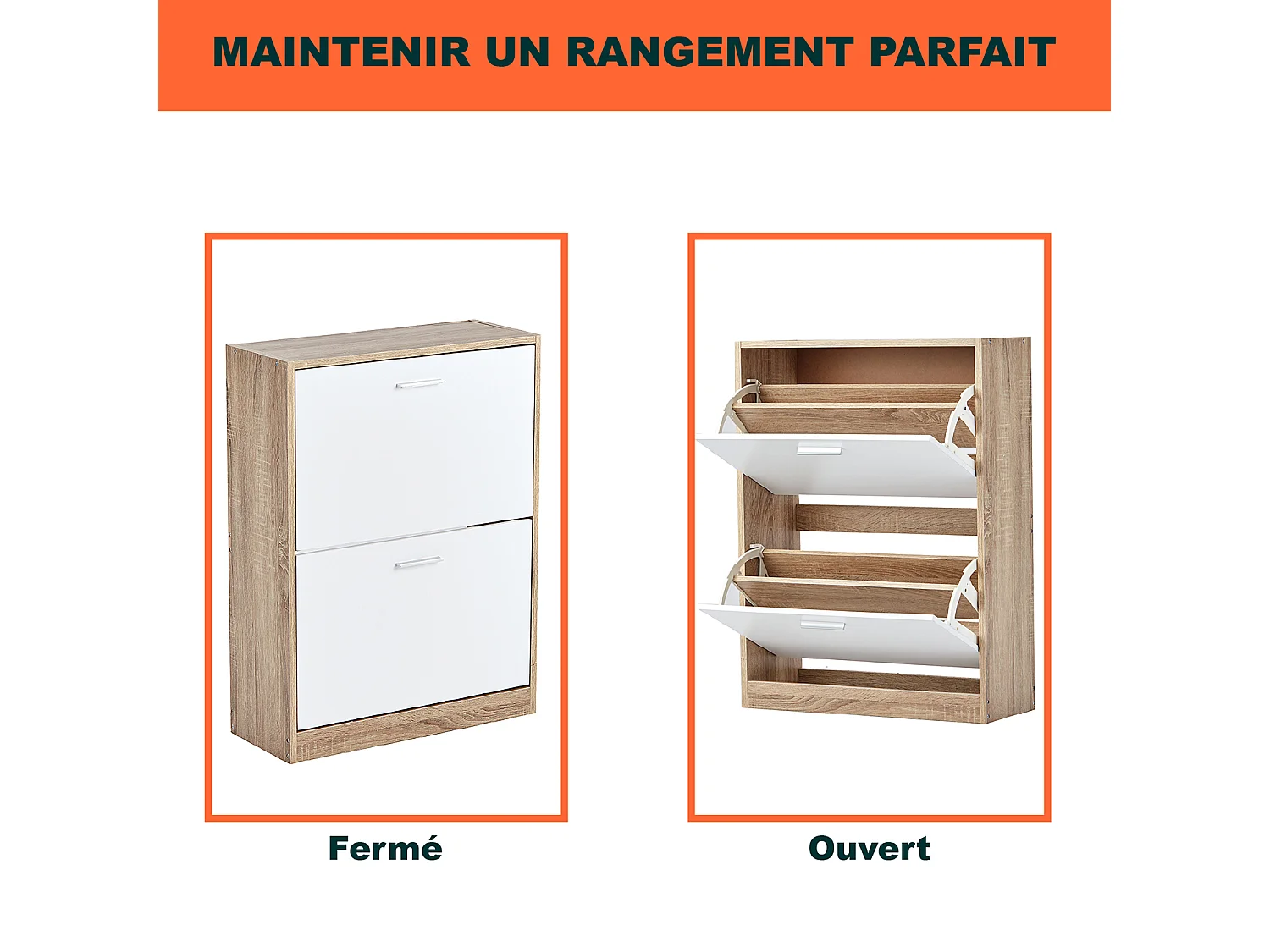 CASABEL Meuble Rangement Chaussure 12 Paires - Pour Entree Couloir - 60x24x80 cm - Blanc Bois Clair