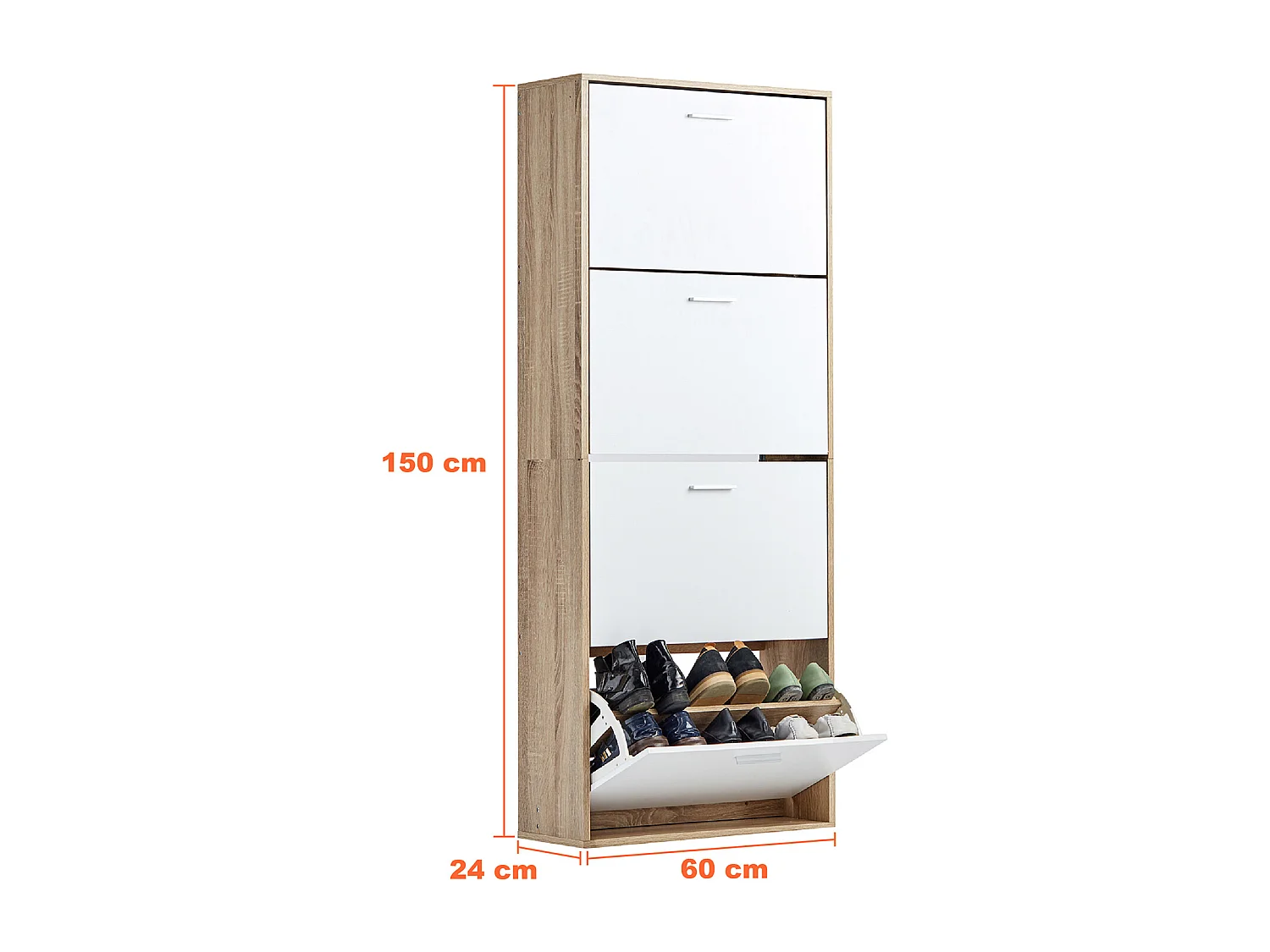 CASABEL Meuble Rangement Chaussure 24 Paires - Pour Entree Couloir - 60x24x150 cm - Blanc Bois Clair