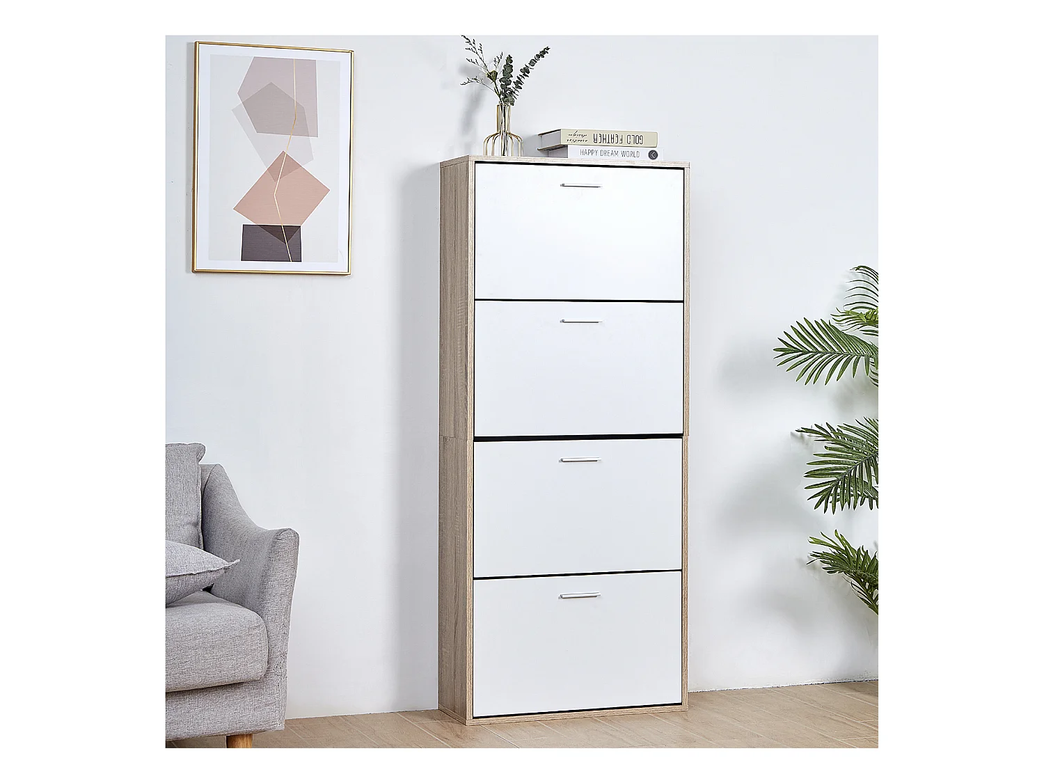 CASABEL Meuble Rangement Chaussure 24 Paires - Pour Entree Couloir - 60x24x150 cm - Blanc Bois Clair