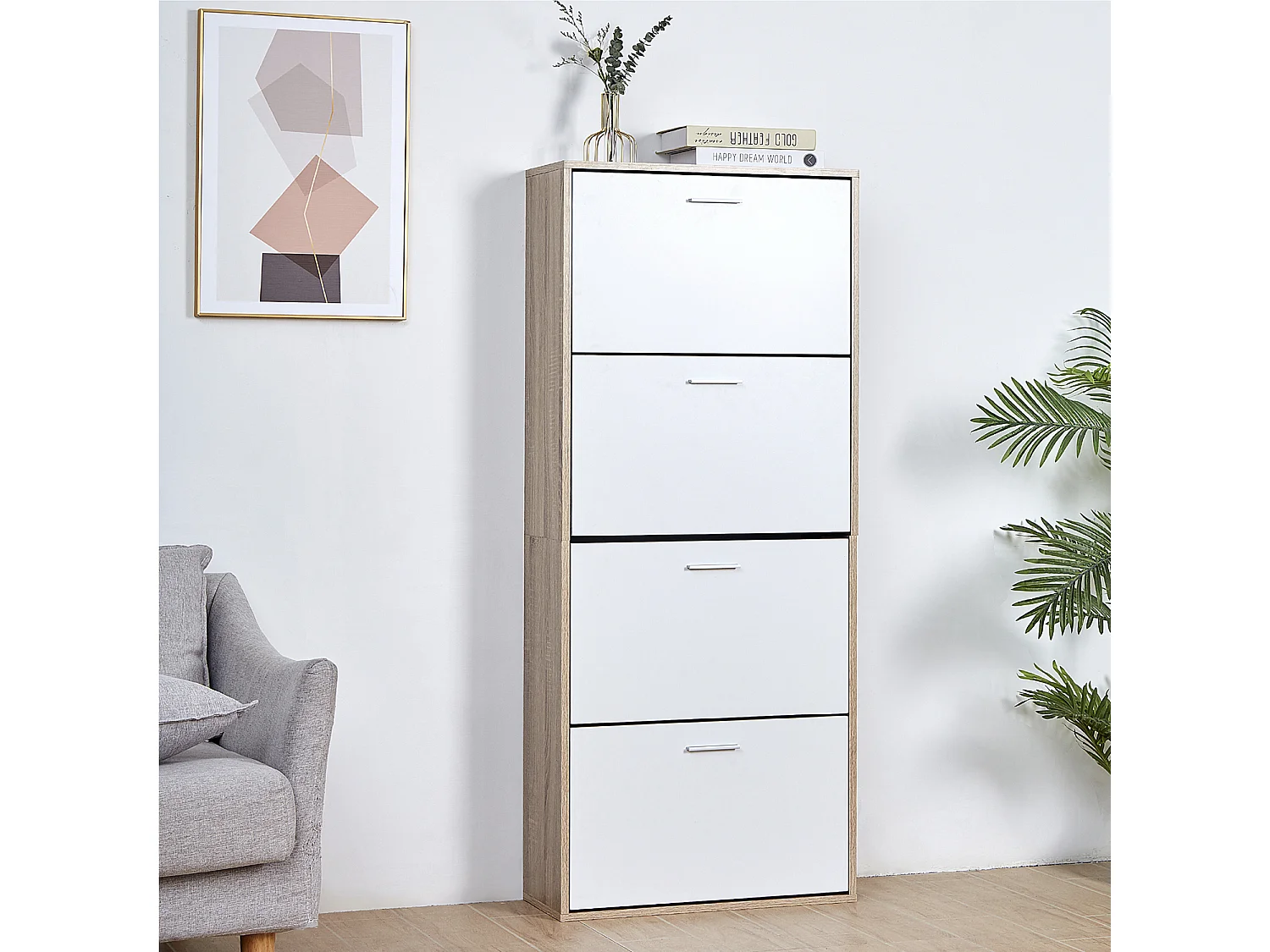 CASABEL Meuble Rangement Chaussure 24 Paires - Pour Entree Couloir - 60x24x150 cm - Blanc Bois Clair