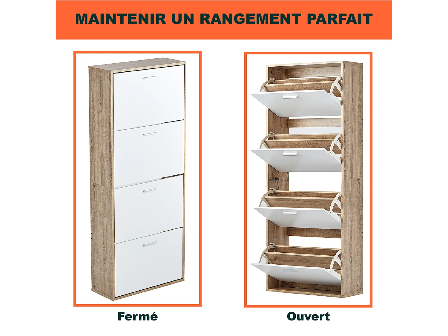 CASABEL Meuble Rangement Chaussure 24 Paires - Pour Entree Couloir - 60x24x150 cm - Blanc Bois Clair