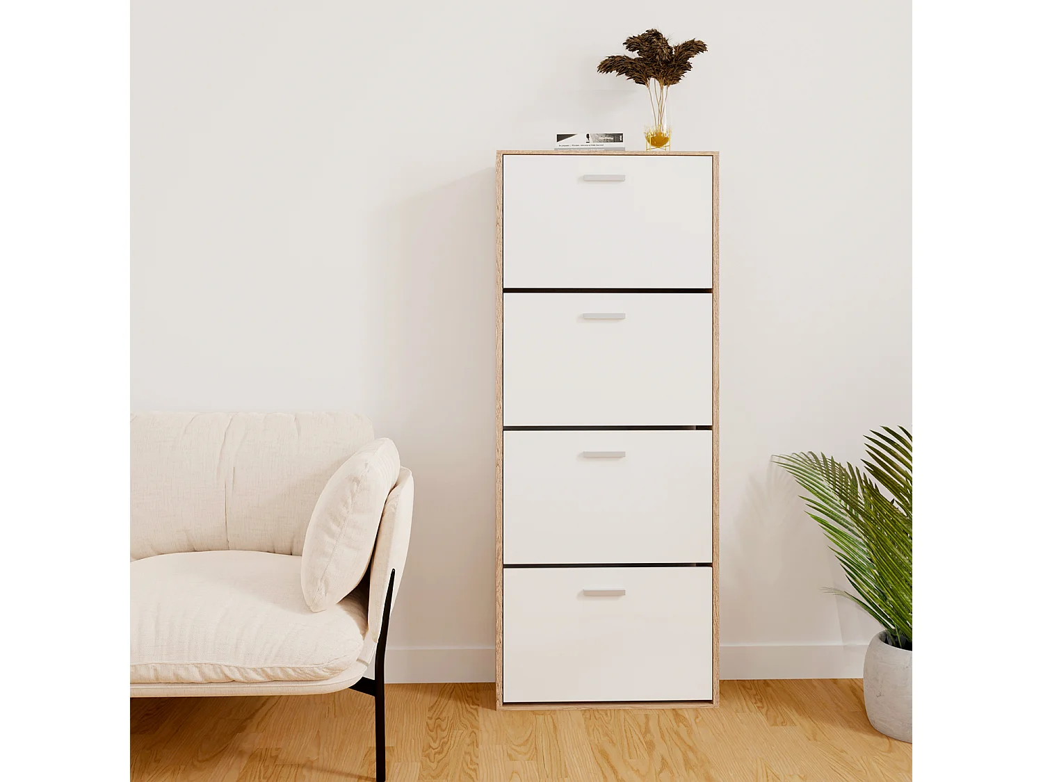 CASABEL Meuble Rangement Chaussure 24 Paires - Pour Entree Couloir - 60x24x150 cm - Blanc Bois Clair