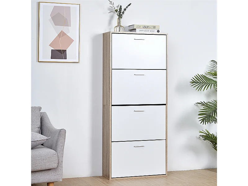 CASABEL Meuble Rangement Chaussure 24 Paires - Pour Entree Couloir - 60x24x150 cm - Blanc Bois Clair