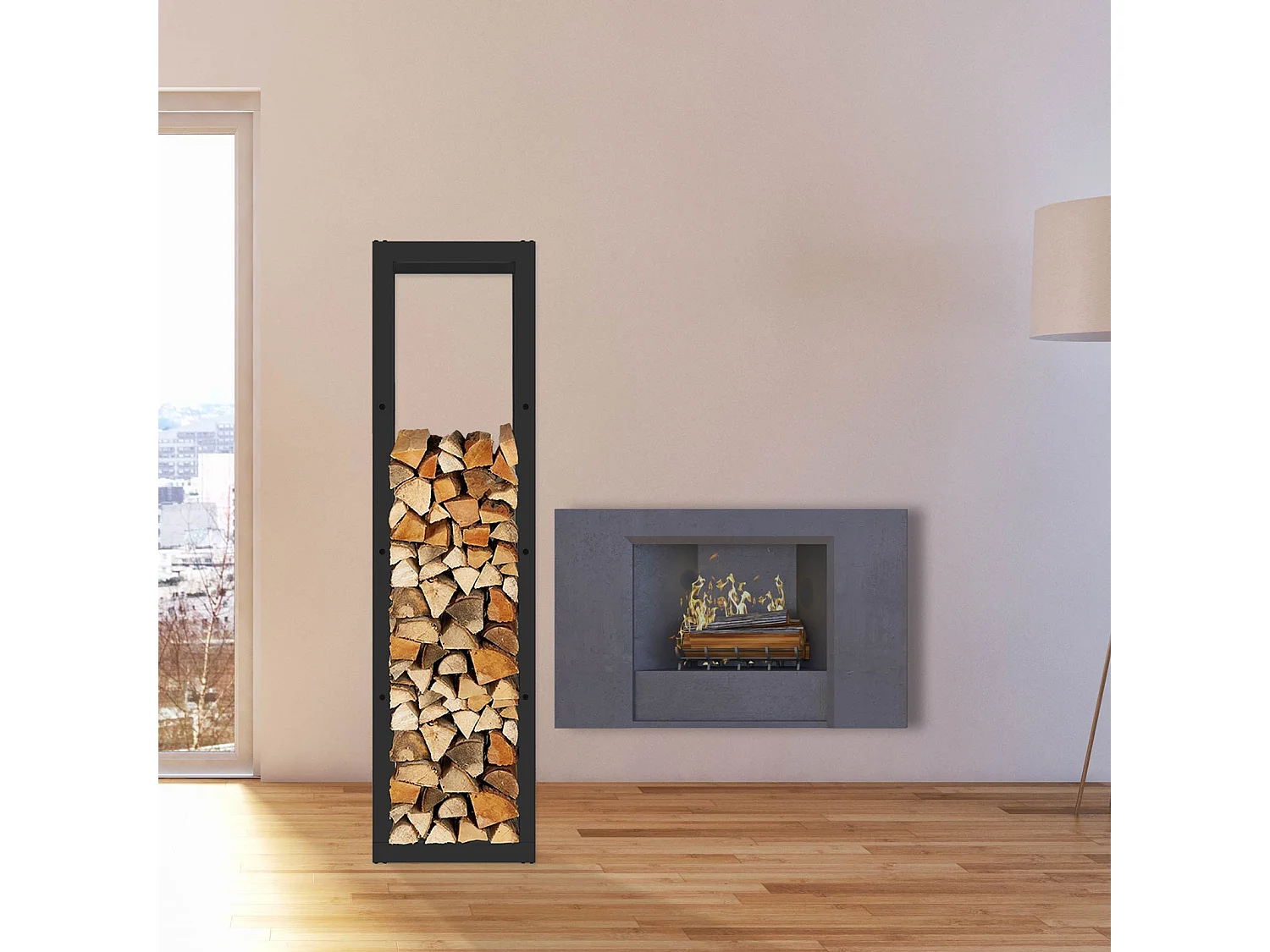 Leñero de Interior Kekai Rack II 40x25x150 cm Almacenaje de Madera con Estructura de Acero Galvanizado, Color Negro