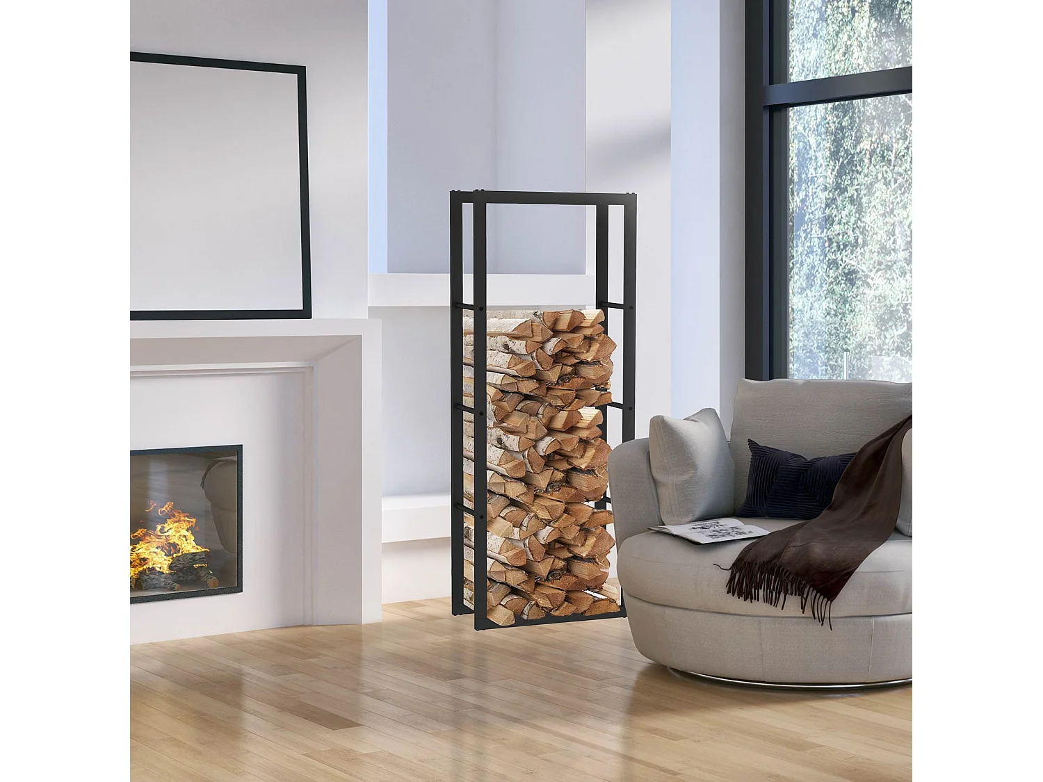 Leñero de Interior Kekai Rack IV 60x25x150 cm Almacenaje de Madera con Estructura de Acero Galvanizado, Color Negro