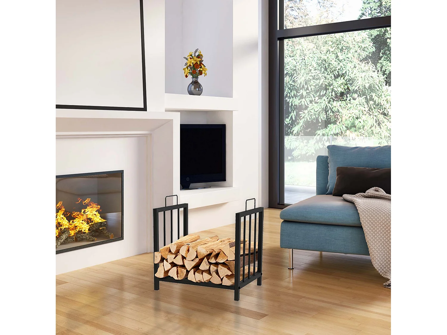 Portalegna da Interni Kekai Handle 43x33x45 cm Struttura in Acciaio Zincato con Maniglie e Supporto Inferiore, Colore Nero