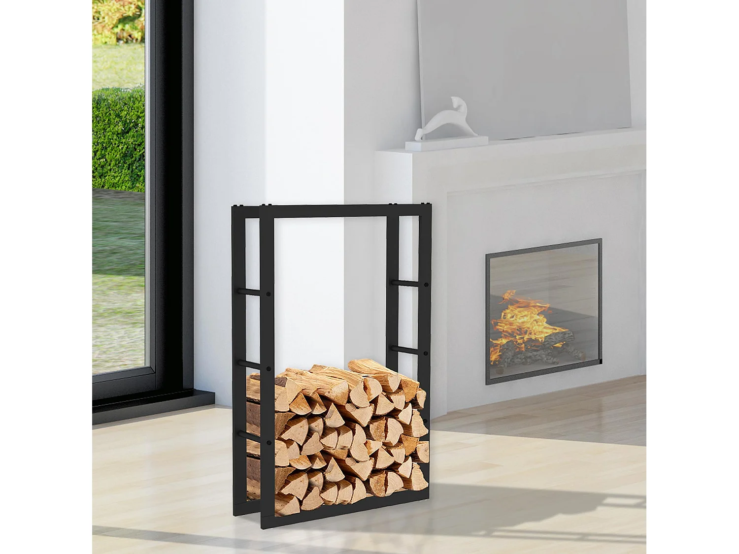 Leñero de Interior Kekai Rack III 60x25x100 cm Almacenaje de Madera con Estructura de Acero Galvanizado, Color Negro