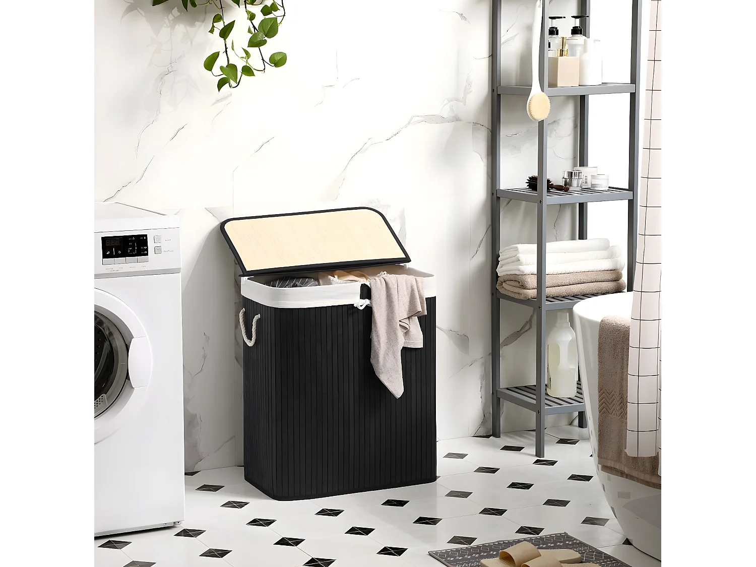 Panier à linge 2 compartiment en bambou - L51,5 cm