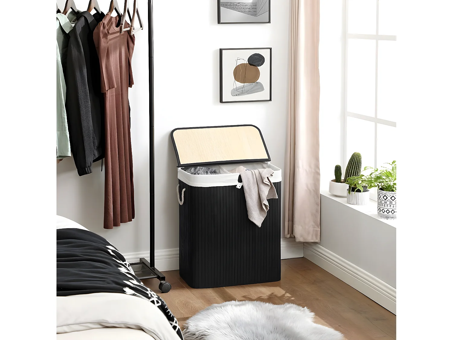 Panier à linge 2 compartiment en bambou - L51,5 cm