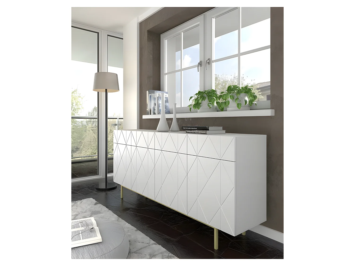 Commode de rangement 180x42x84cm Meuble universel sur pied doré KAYRA Blanc mat