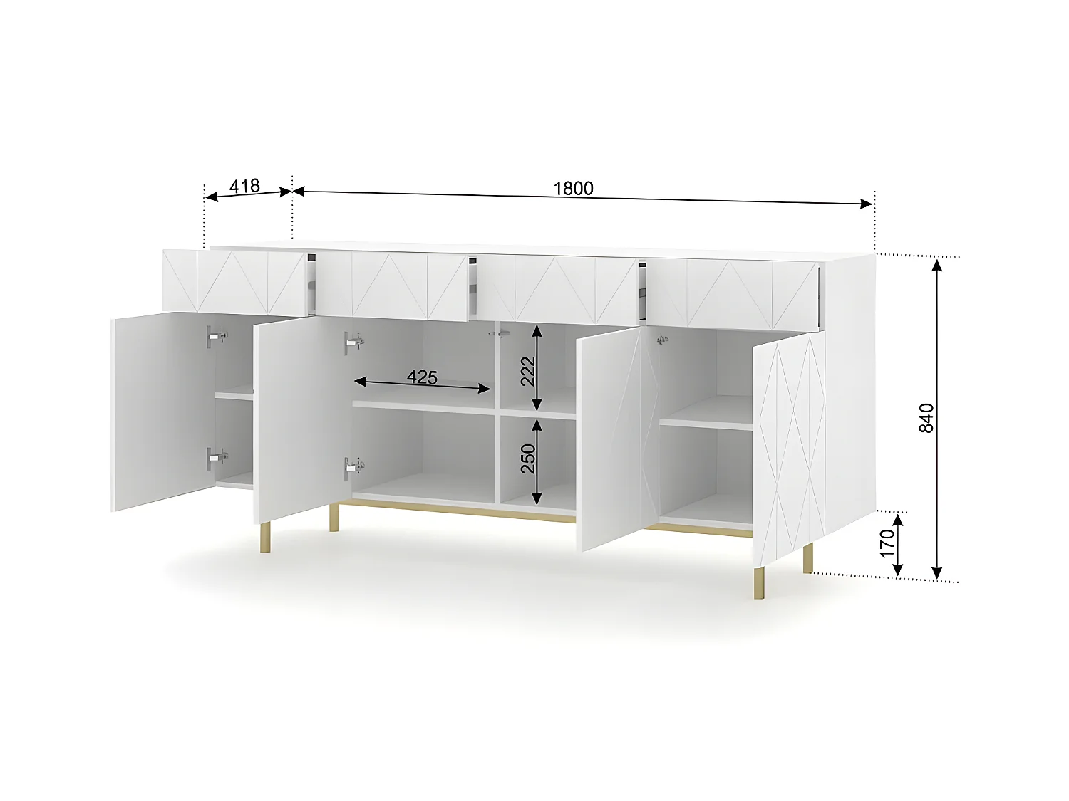 Commode de rangement 180x42x84cm Meuble universel sur pied doré KAYRA Blanc mat