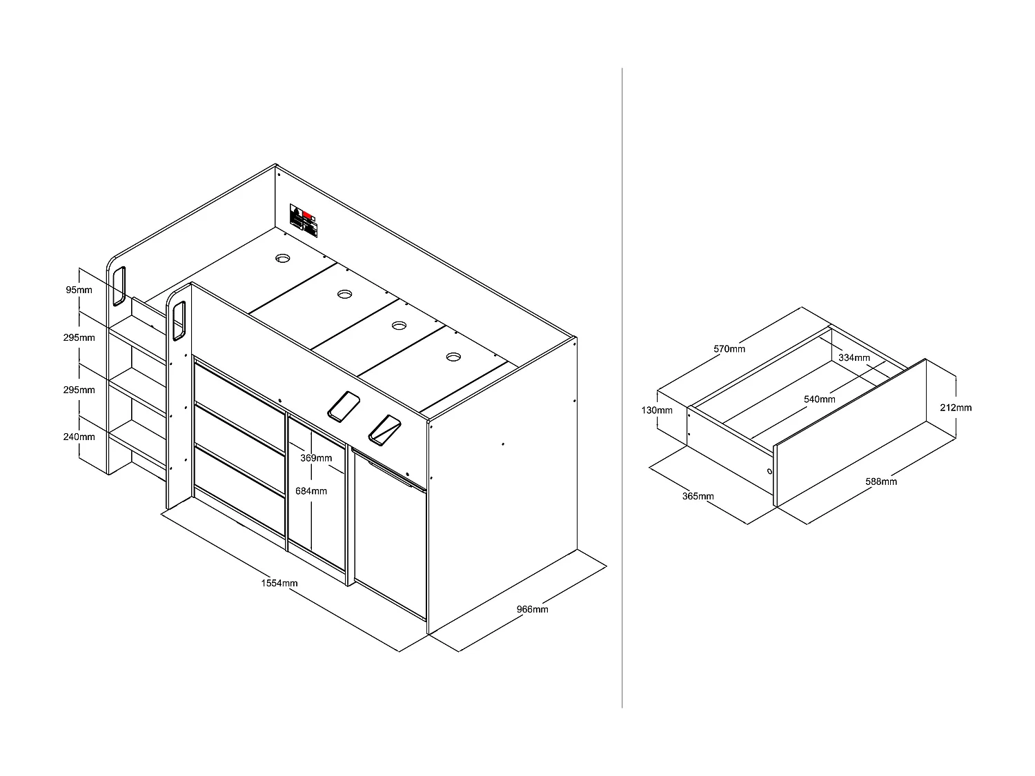 Kombi-Bett 90 x 190 cm - Mit Schreibtisch & Stauraum - Holzfarben & Weiß - SAGITI