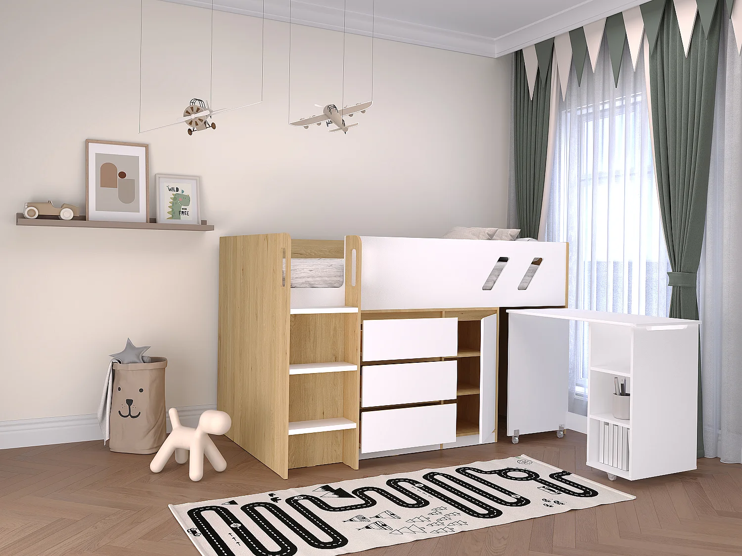 Lit combiné 90 x 190 cm avec bureau et rangements - Coloris : Naturel et blanc - SAGITI