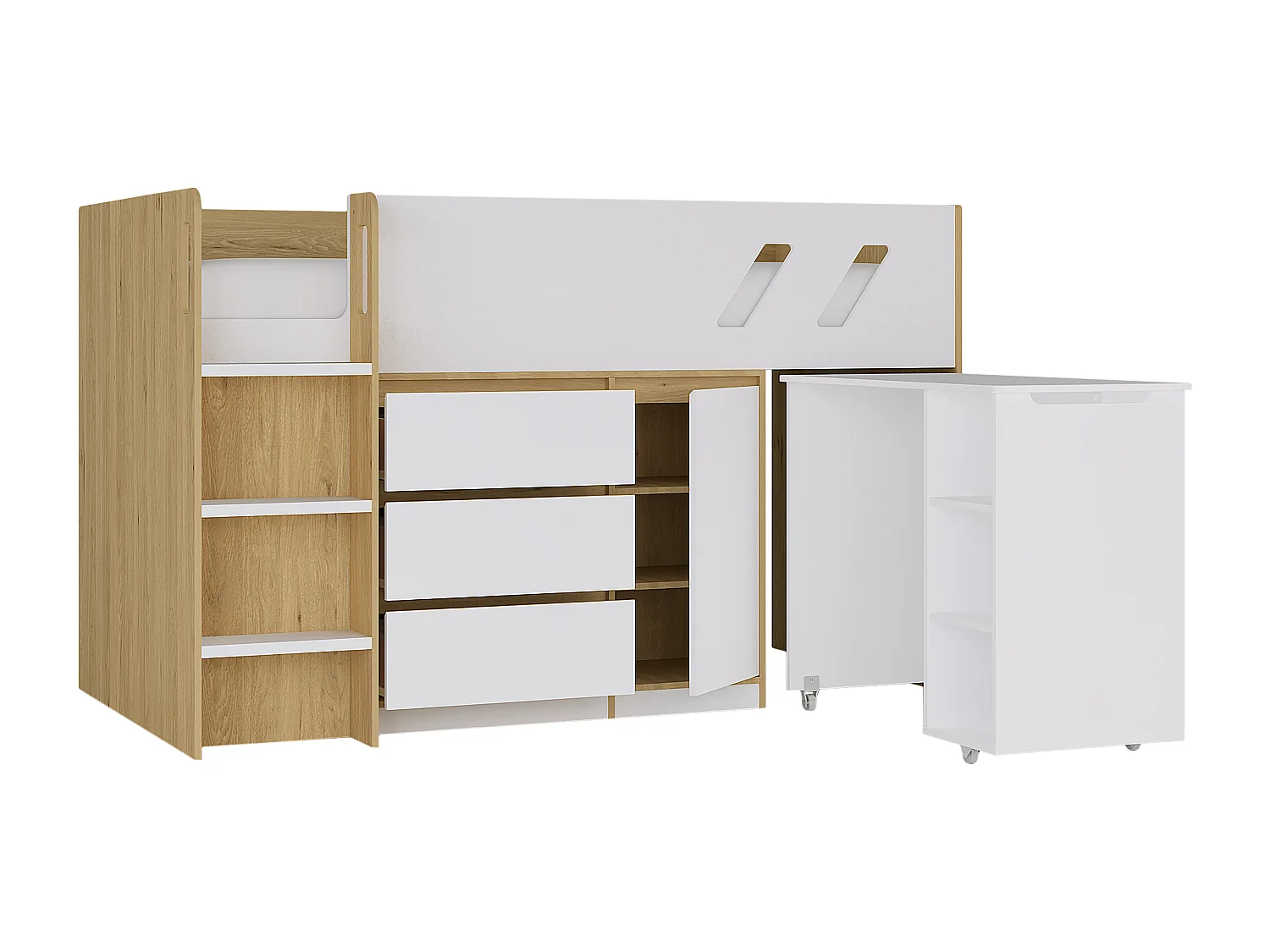 Lit combiné 90 x 190 cm avec bureau et rangements - Coloris : Naturel et blanc - SAGITI