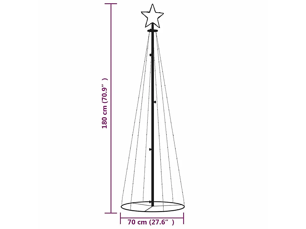 Árvore de Natal em cone 108 luzes LED 70x180 cm branco quente