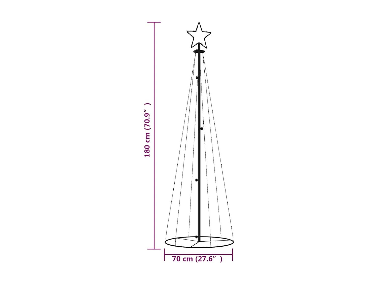 Árvore de Natal em cone 108 luzes LED 70x180 cm branco quente