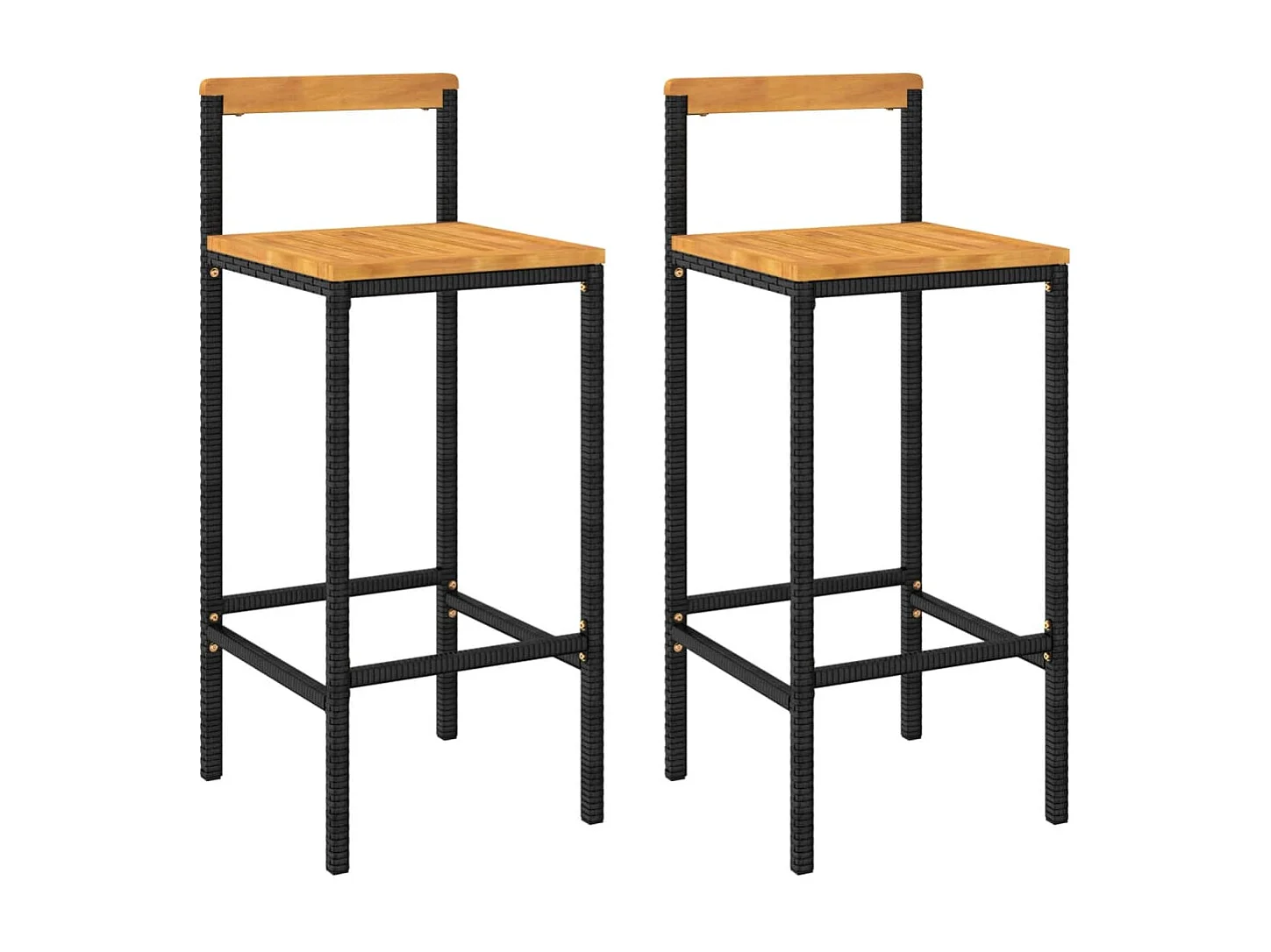 Sgabelli da Bar 2pz Neri Polyrattan e Legno Massello di Acacia