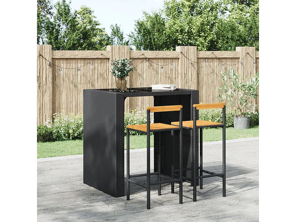 Sgabelli da Bar 2pz Neri Polyrattan e Legno Massello di Acacia
