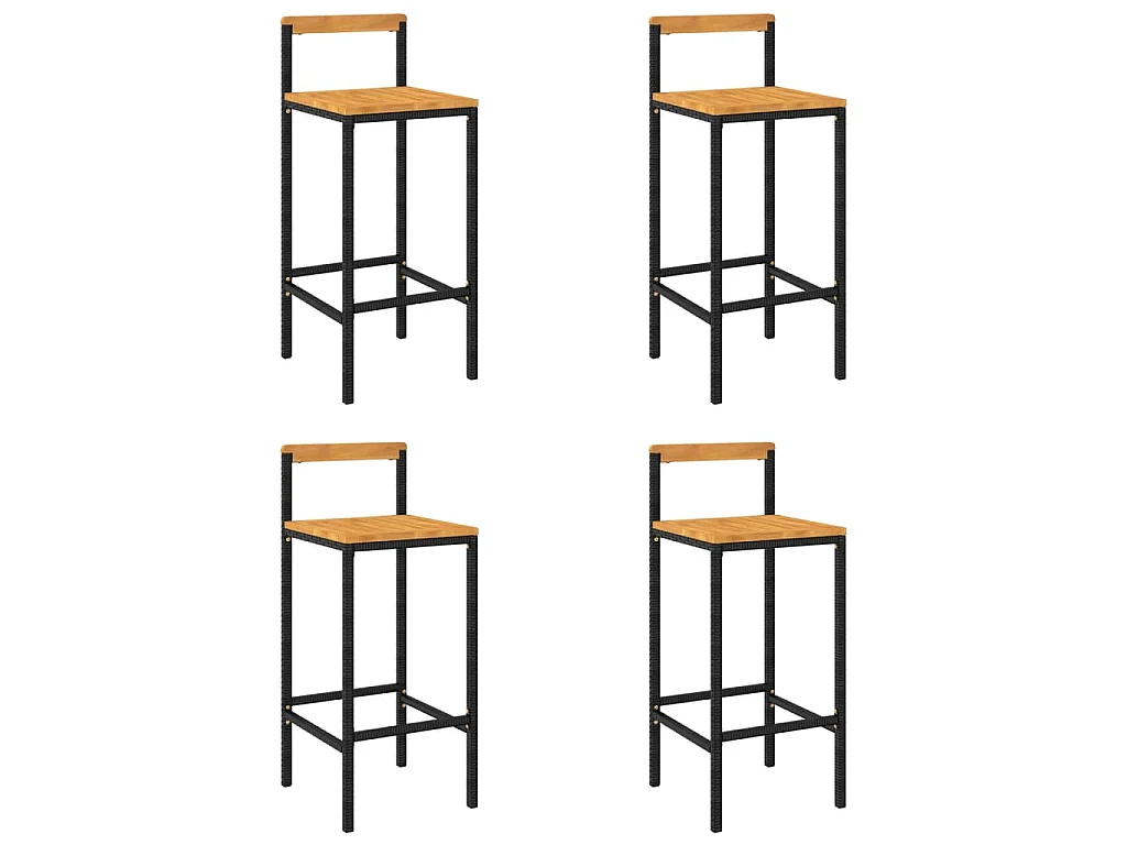 Tabourets de bar lot de 4 noir résine tressée et bois d'acacia